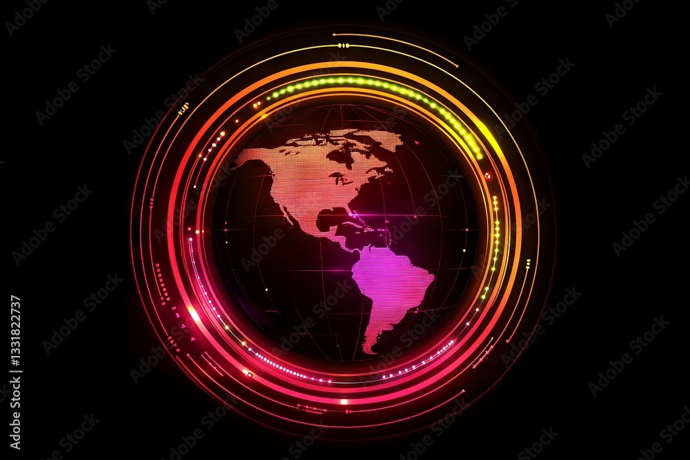 Aufkleber colorful digital representation of the americas with glowing circular patterns