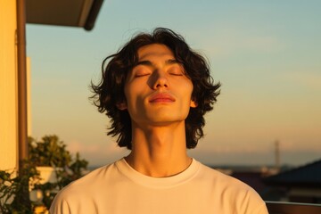 Sunset glow highlights serene expression, capturing moment of tr
