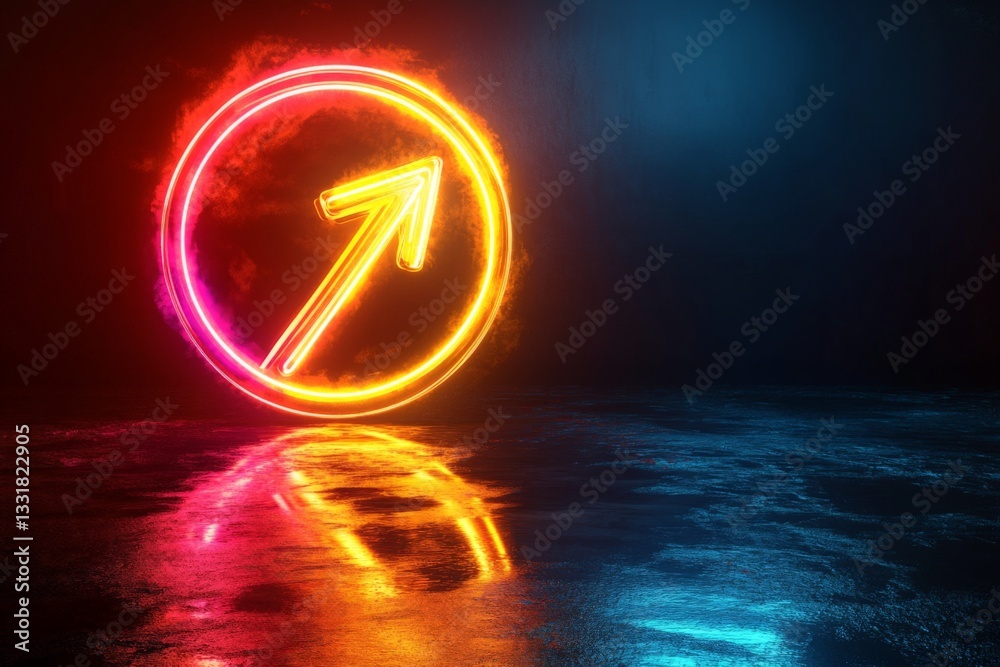 Poster neon arrow light indicating direction with colorful reflections on a dark surface in a modern space