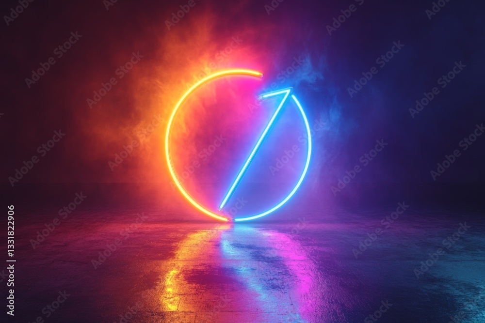 Poster Dynamic neon circle and arrow glowing in a dark space with colorful fog creating a modern art atmosphere