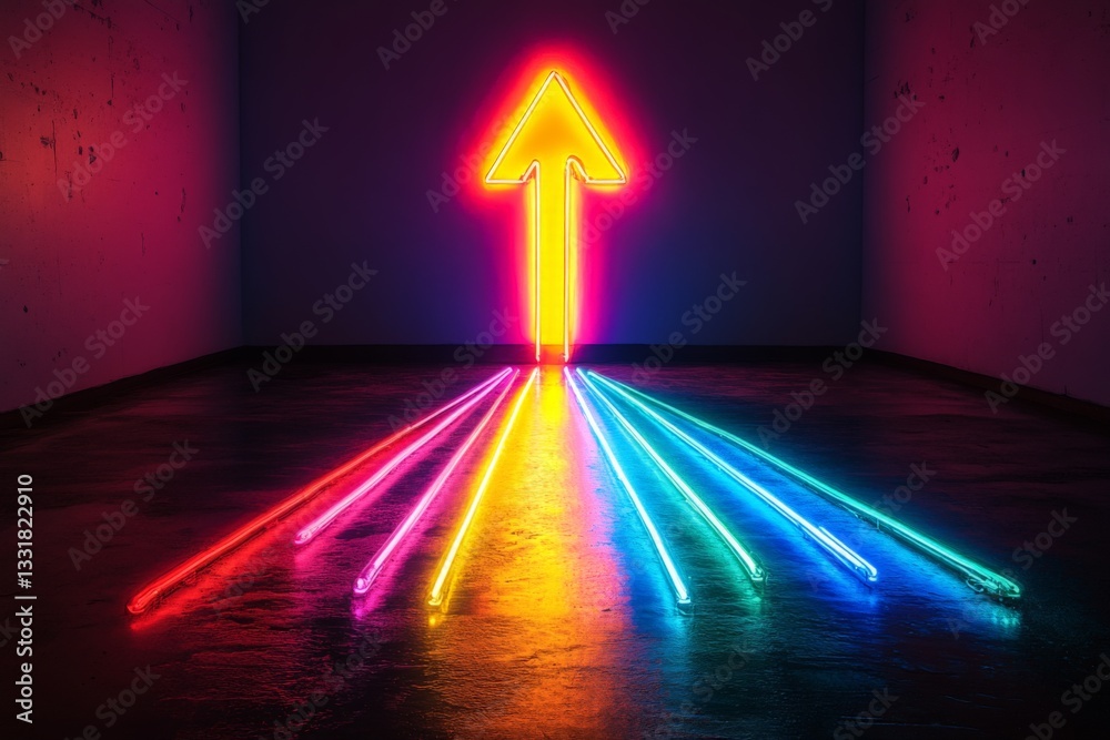 Aufkleber neon arrow points upward in dark space with colorful beams illuminating the floor during night time
