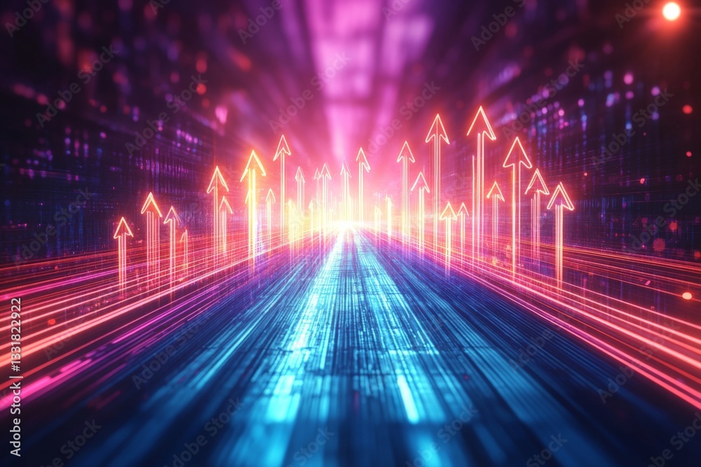 Poster colorful arrows indicating growth and progress in a digital landscape at twilight, illustrating data