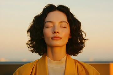 Serene woman with closed eyes enjoys sunset, radiating calm and