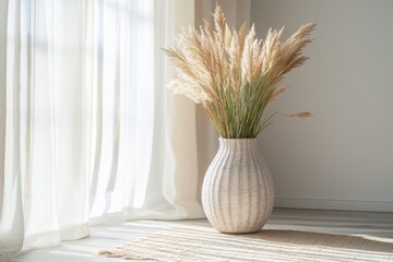Naklejka premium Soft natural light highlights a stylish woven vase with pampas grass near a window in a minimalist room decor setup