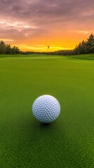 Fototapeta premium A close-up of a golf ball on vibrant green grass, set against a stunning sunset backdrop, creating a serene and picturesque golfing scene.