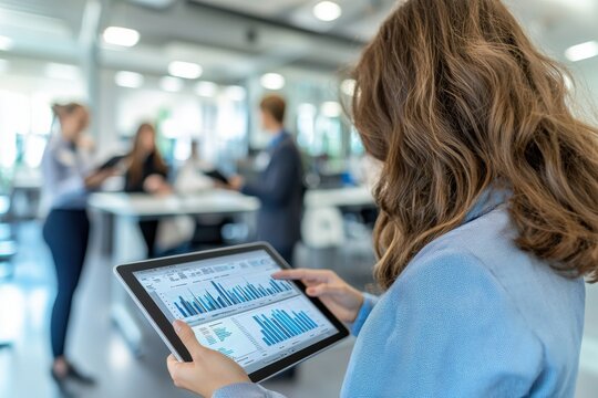 Woman using tablet with charts in modern office, enhancing data-driven decisions during team meetings, promoting innovative strategies and collaborative environments.