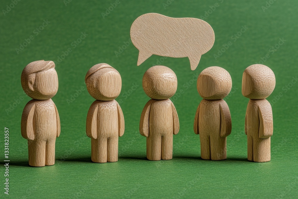 Poster Group of wooden figures engaging in conversation against a green background with a speech bubble above