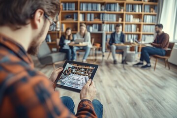 Man holding tablet with architectural design during meeting with blurred colleagues discussing in a library-like office setting, showcasing collaborative workspace and creative project overview.