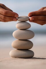 Hands carefully balance smooth stones, creating serene tower by