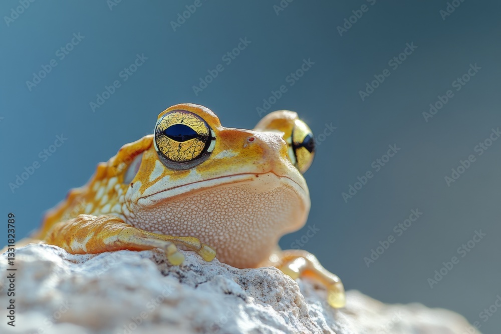 Poster colorful frog resting on a rock with striking eyes in a natural setting during the day