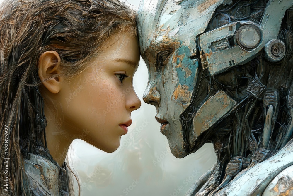 Aufkleber unique encounter between a girl and a futuristic robot in a serene landscape at dawn