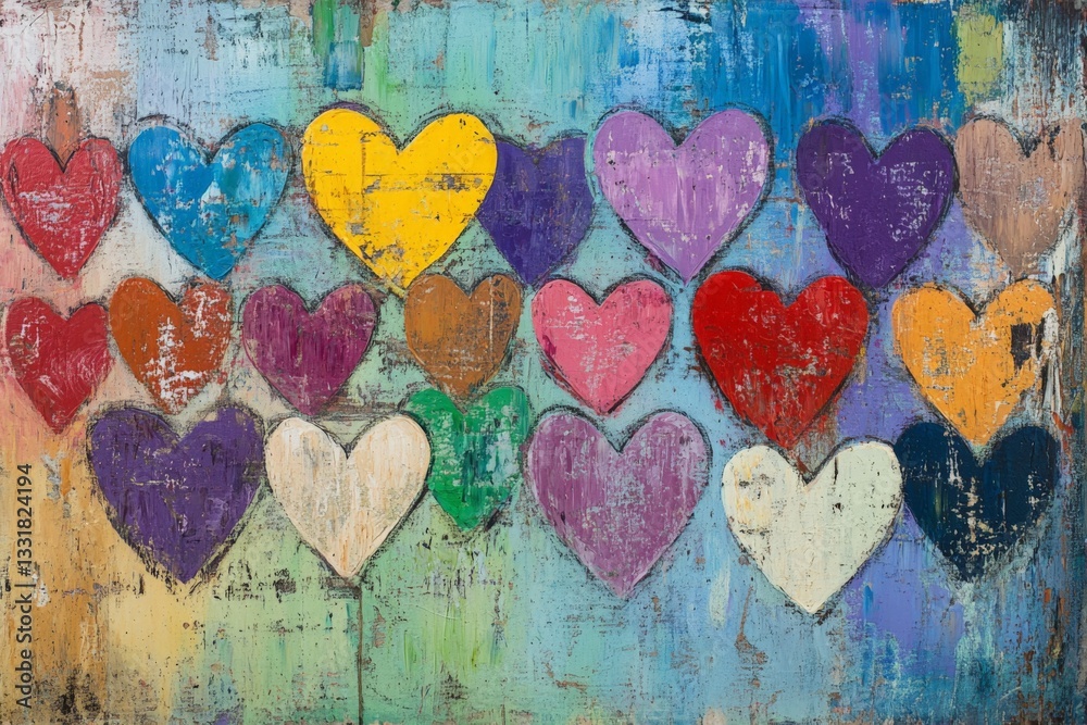 Poster brightly colored hearts in various shapes displayed on a textured background that evokes love and cr