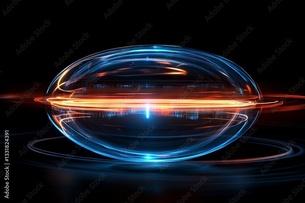 Poster Dynamic blue and orange orb with glowing rings illuminated against a dark background creates a futuristic visual effect