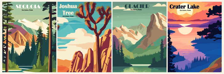 Set of Retro National Parks posters, Vintage USA travel illustrations. Trendy printable wall art with beautiful american landscapes. Vector colorful illustrations.