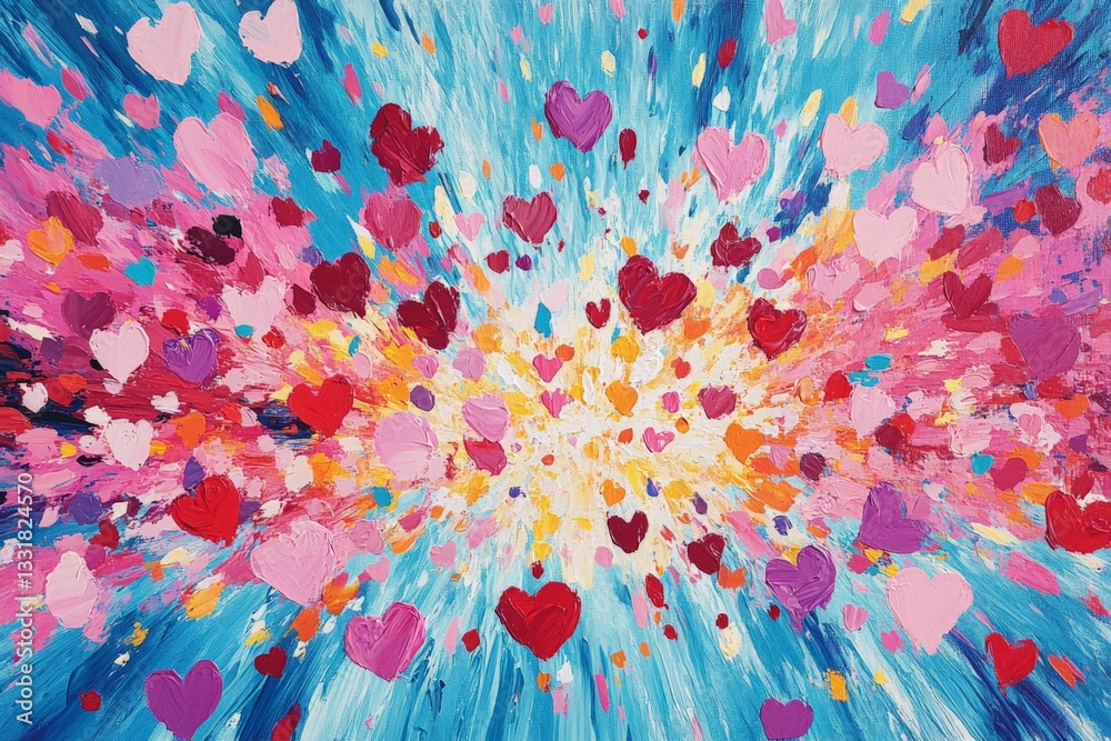 Poster colorful explosion of hearts in an artistic display with vibrant tones and dynamic brush strokes