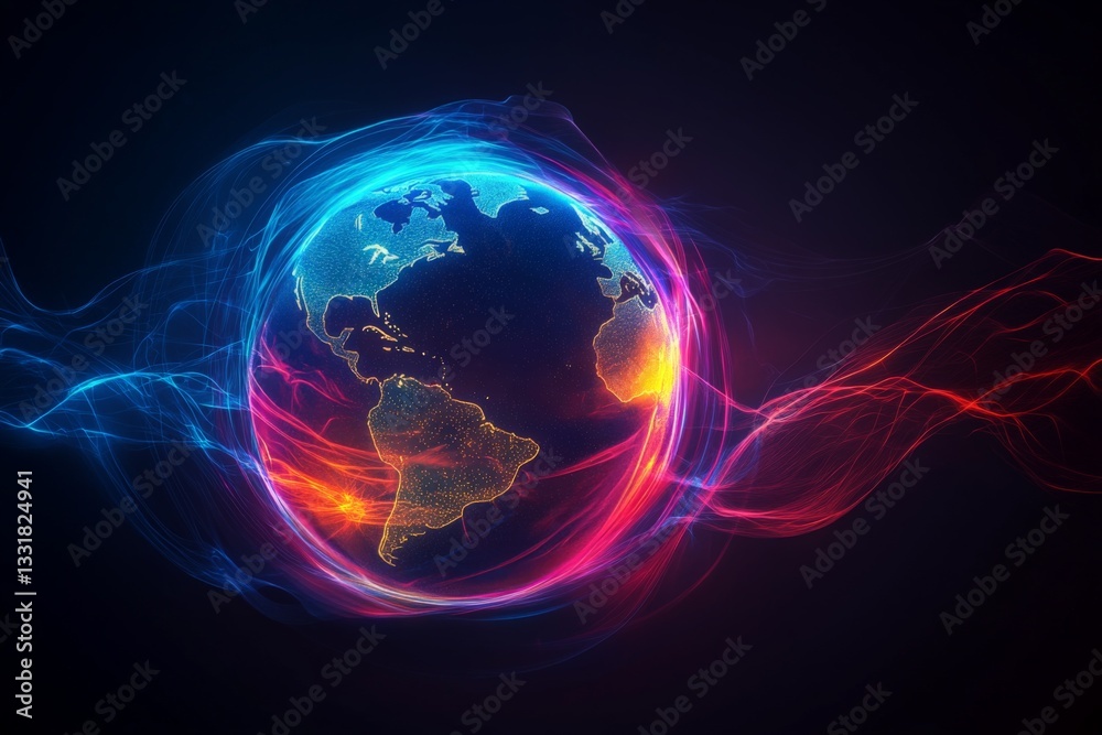 Poster glowing planet earth surrounded by colorful energy waves in a dark space environment