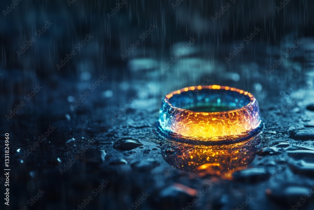 Poster colorful ring resting in raindrops on a dark surface during a rainy evening in a serene setting