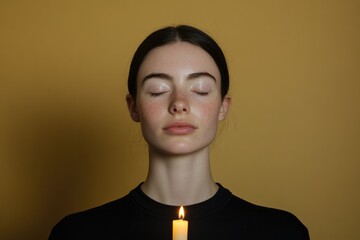Serene expression of woman meditating with candlelight against w