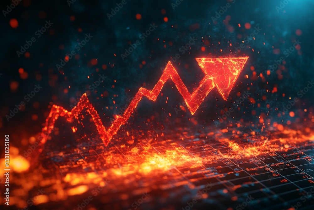 Poster Digital representation of market growth with fiery red arrow amidst graphs in a dark futuristic setting