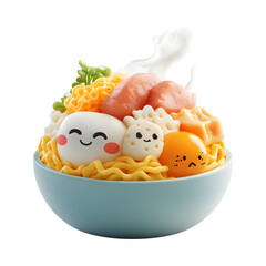 A Fluffy 3D Cartoon Bowl of Ramen with Bunny and Bunny Face Isolated on Transparent Background