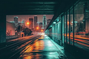 Fototapeta premium Brightly Lit Los Angeles Skyline Against the Night Sky