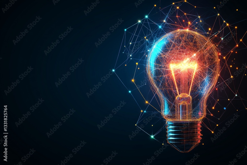 Poster Creative light bulb glowing with digital patterns representing innovation and technology in a dark background
