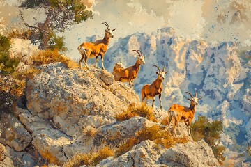 Majestic Mountain Goats on Rocky Peak A Serene Landscape Painting.
