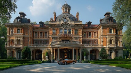 Grand Estate Mansion Exterior with Classic Car