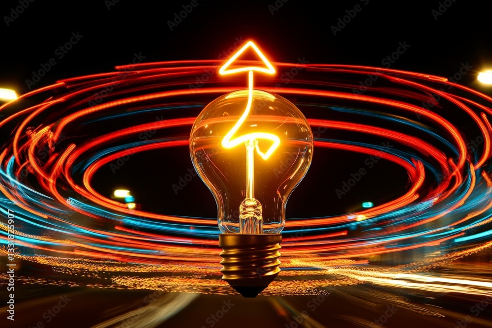 Aufkleber Light bulb with a glowing arrow surrounded by swirling lights at night creating a dynamic visual effect
