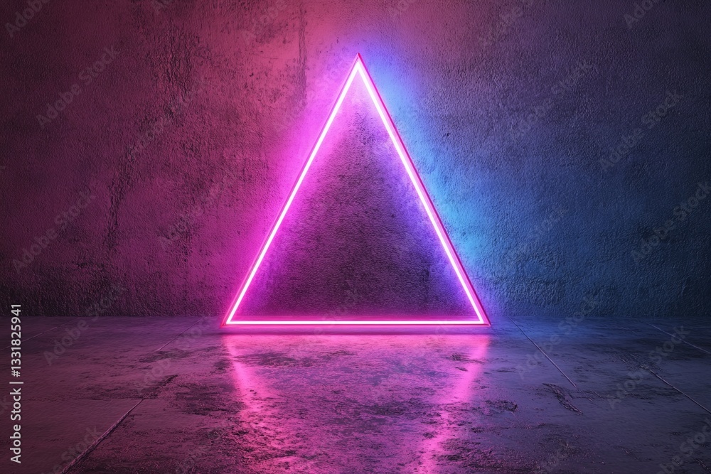 Poster neon triangle light installation in a darkened industrial space with colorful reflections