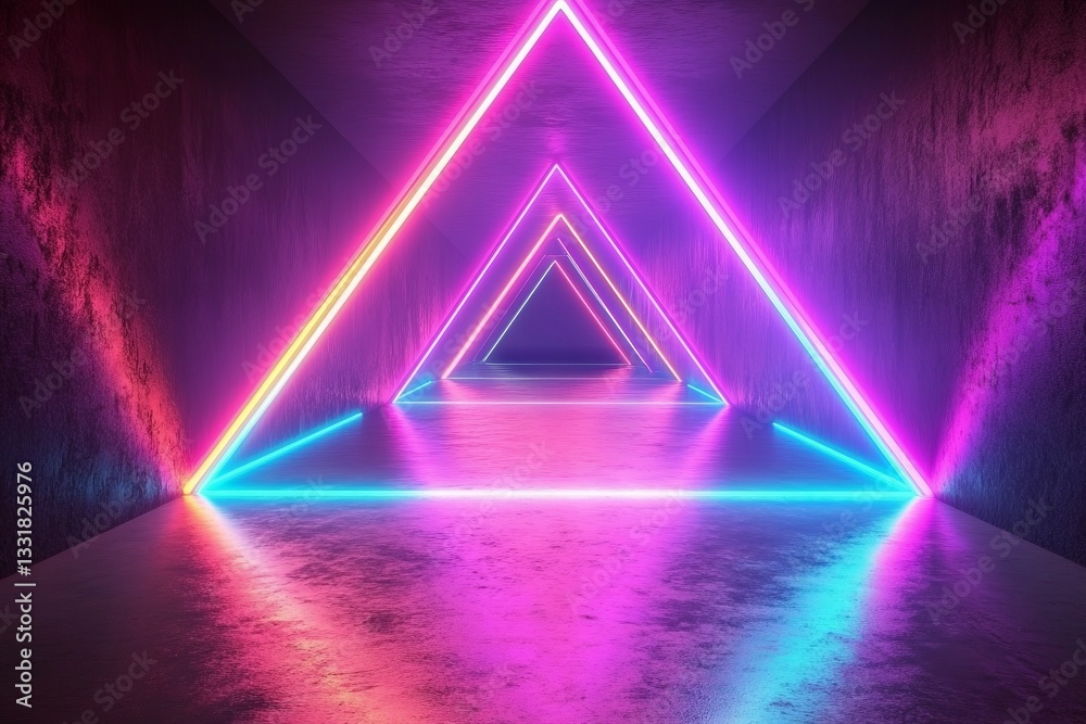 Aufkleber colorful neon triangles illuminate a modern corridor in a vibrant light display