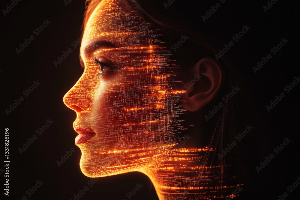 Aufkleber Dynamic patterns illuminate the profile of a young woman against a dark background