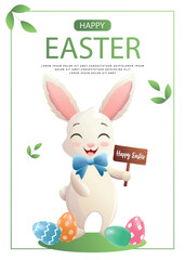 Happy Easter card with a bunny holding a wooden sign with 