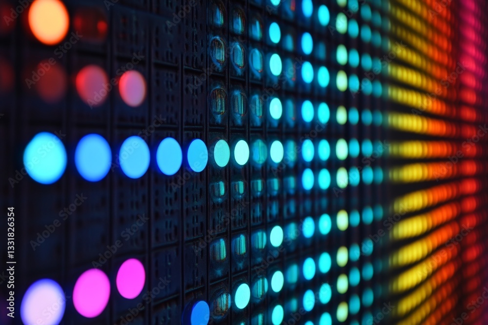 Aufkleber Colorful display of illuminated LED lights creating a vibrant pattern in a modern setting during the night