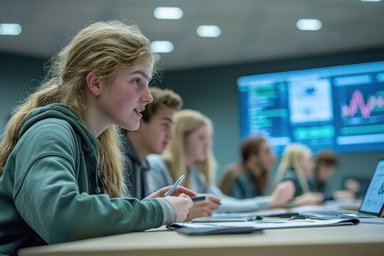 Young students are engaged in a financial education class, analyzing stock market trends, using laptop computers to study graphs, while learning investment strategies.