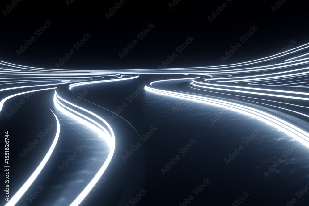 Poster Abstract light trails create a dynamic visual flow across a dark surface in a modern artistic design