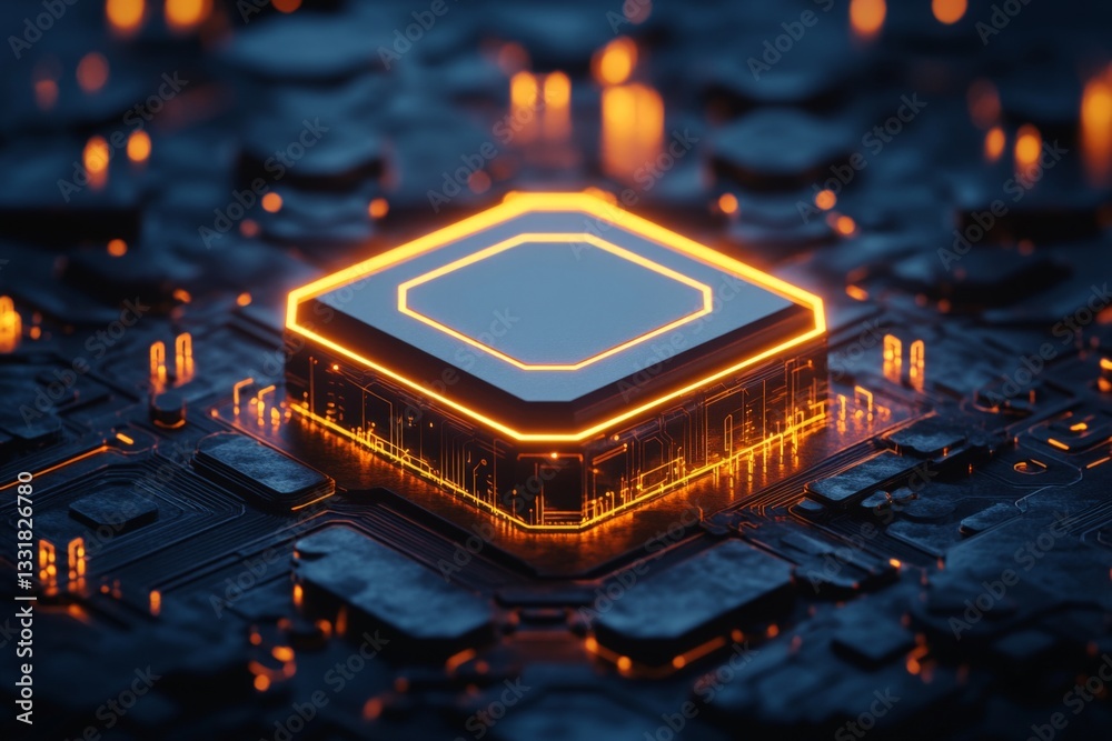 Poster Illuminated microprocessor on a dark circuit board with glowing patterns at night