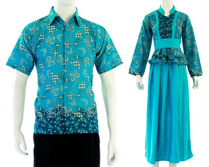 Couple batik cyan shirts, short-sleeve shirts for men and long-sleeve shirts for women. Good couples when attending formal event invitations.