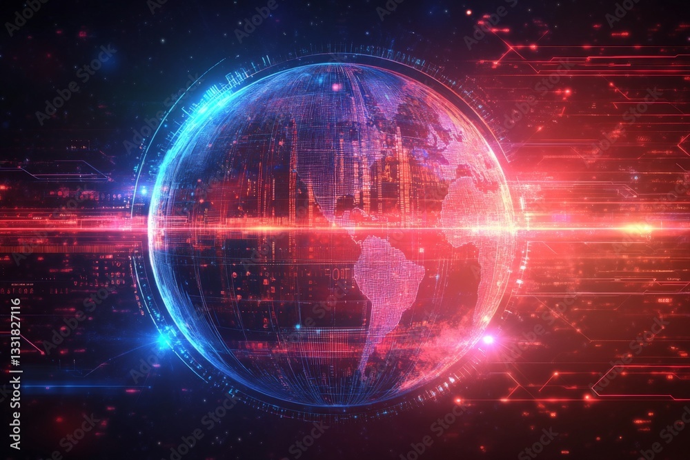 Poster Digital globe visualization with vibrant red and blue light patterns showcasing global data dynamics