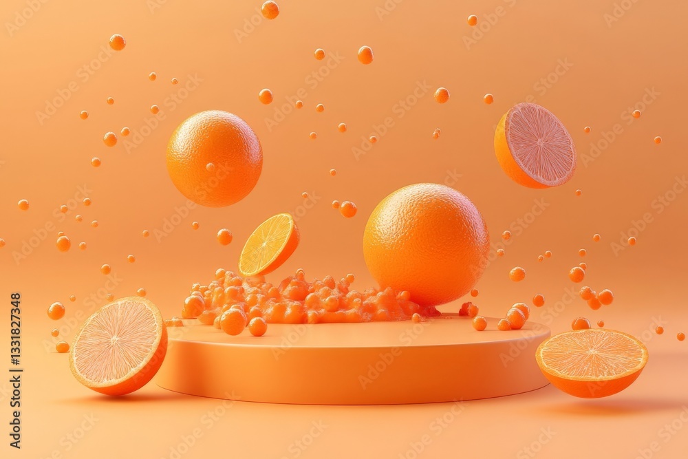 Leinwandbilder Floating oranges and citrus fruits create a vibrant display in a surreal orange environment