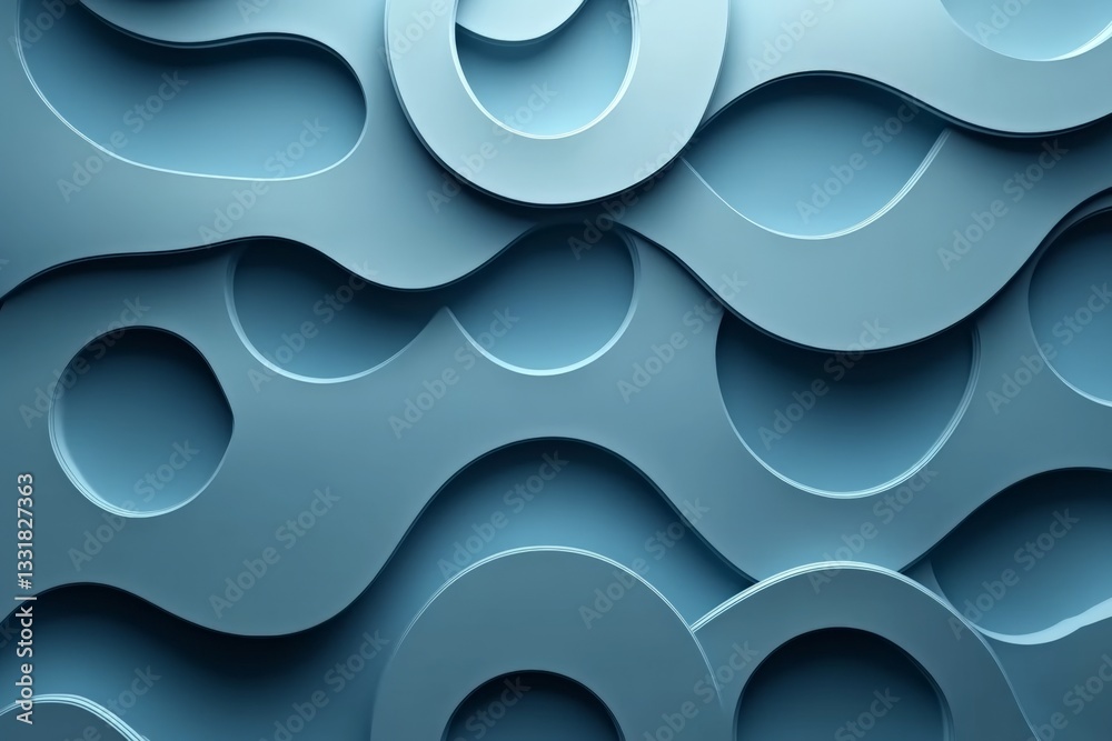 Poster Abstract blue waves and circles creating a three-dimensional textured pattern on a wall surface