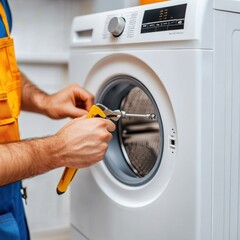 A technician repairs a washing machine using a wrench, showcasing hands-on maintenance of household appliances.