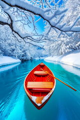 Fototapeta premium A red boat floating on top of a river in the snow