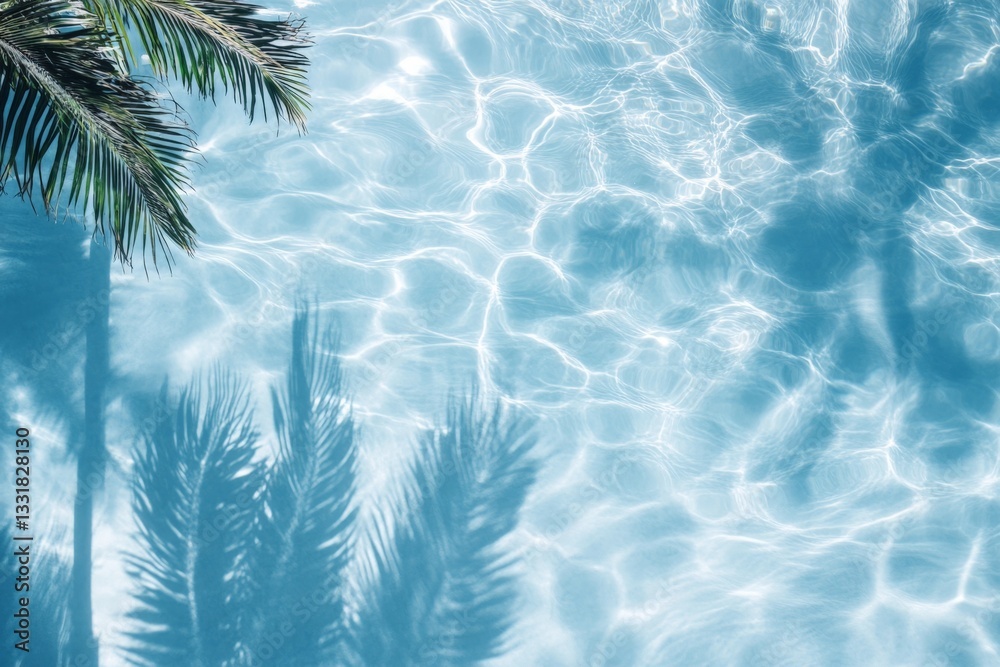 Poster Sunlight reflecting on tranquil pool water with palm tree shadows creating a serene atmosphere