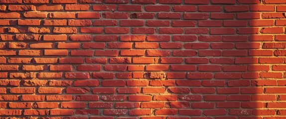 Red brick wall with warm sunlight casting shadows and highlights on the surface providing texture and depth with Copy Space
