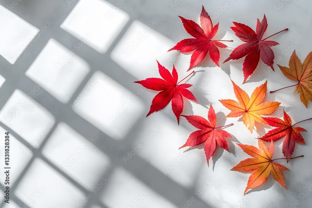 Poster Vibrant autumn leaves scattered on a light surface with shadow patterns in a cozy indoor setting