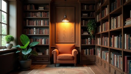 Serene Study A Luxurious Armchair in a Room Filled with Bookshelves and Warm Lighting
