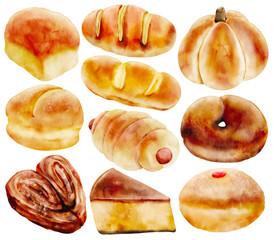 Watercolor Bakery Bread Illustration Set, Hand Painted, Realistic, Soft Bread, Brioche, Baguette, Bagel, Croissant, Roll, Danish Pastry, Puff Pastry, Toast, Sweet, Classic, Homemade