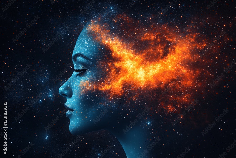 Poster cosmic silhouette of a woman's profile with vibrant colors and celestial elements blending into the 
