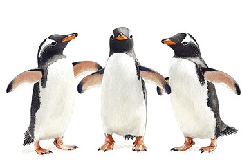 Fototapeta premium Three Gentoo Penguins in Watercolor Style A Trio of Antarctic Birds.